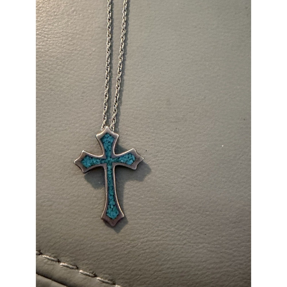 Vintage sterling Silver Navajo Turquoise Bead Cross Necklace 18" 925 chain #363